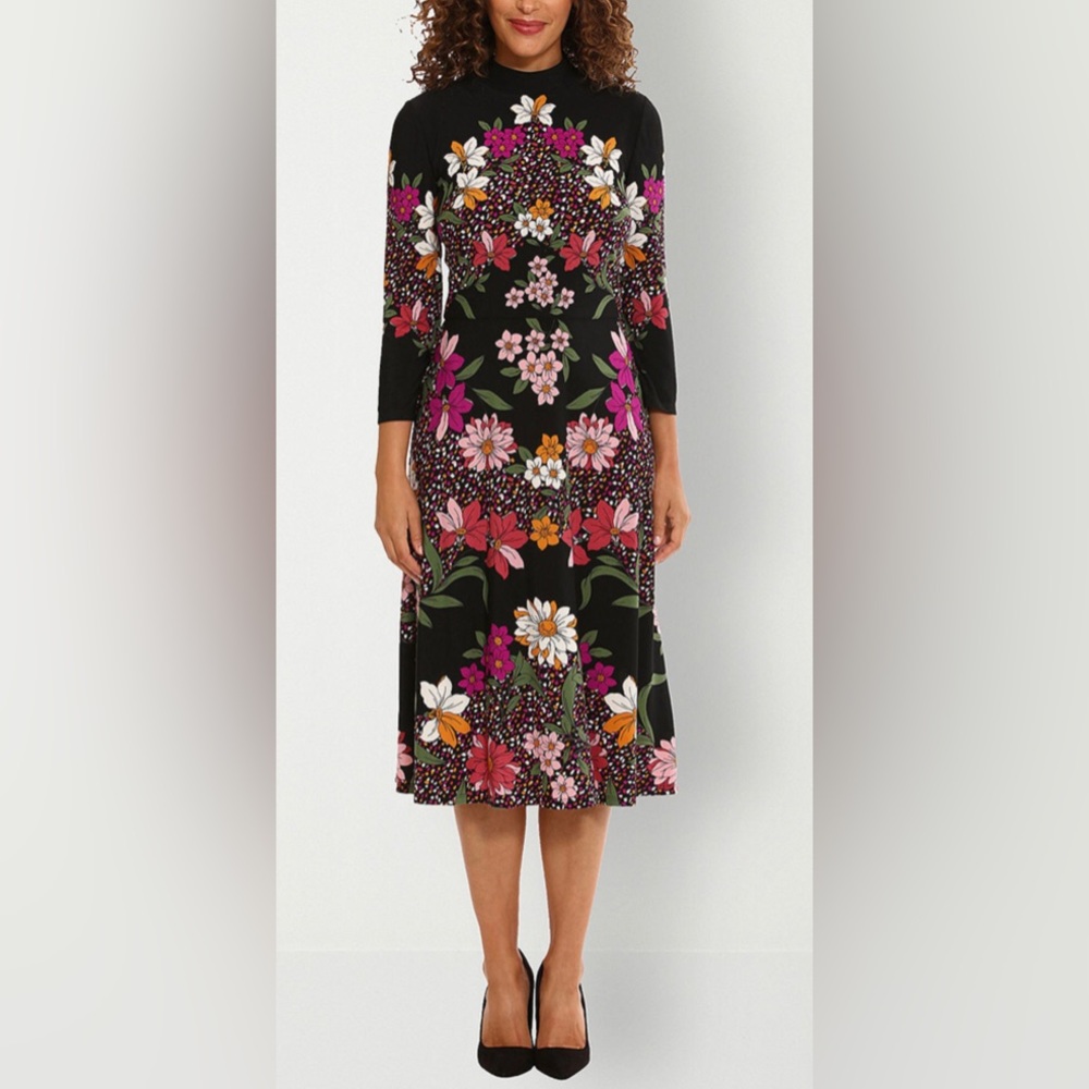 London Style Women's 14 Dress Black Floral Mock Neck 3/4 Sleeve Midi